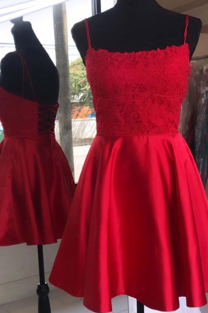 Red Spaghetti Strap Satin Homecoming Dress with Lace, Simple Little Red Homecoming Dress UQ2120