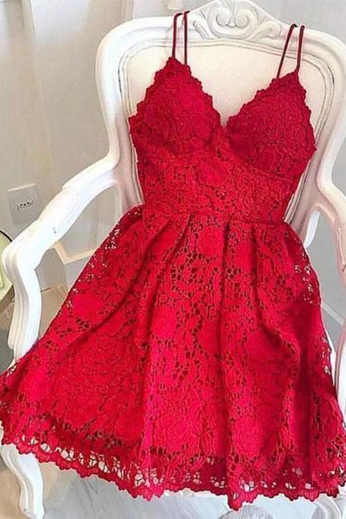 Red Spaghetti Straps Lace Homecoming Gown, Mini Lace Dress, A Line Par cherishgirls Red Spaghetti Straps Lace Homecoming Gown, Mini Lace Dress, A Line Par cherishgirls