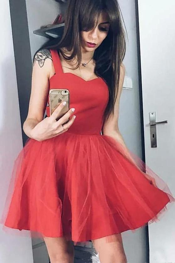 Red Straps Tulle Sweet 16 Dresses, A Line Cute Sleeveless Mini Homecom – cherishgirls Red Straps Tulle Sweet 16 Dresses, A Line Cute Sleeveless Mini Homecom – cherishgirls