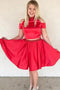 Red Two Piece Satin Homecoming Dress with Beading, Cute Red Short Prom Dresses UQ1883