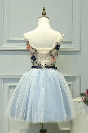 A-Line Blue Tulle Homecoming Dresses With Appliques, Cute Graduation Dress with Flower UQ2177