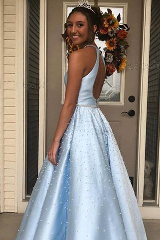 Light Blue Jewel Open Back Long Prom Dress with Pearls, A Line Sleevel cherishgirls Light Blue Jewel Open Back Long Prom Dress with Pearls, A Line Sleevel cherishgirls