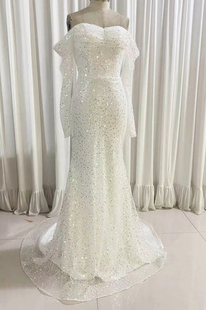 Off-the-Shoulder Ivory Mermaid Sequined Prom Dress With Long Sleeves, Sparkly Long Party Dresses CHW0147