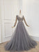 A Line V Neck Long Sleeves Tulle Gray Prom Dress with Beading, Cheap Party Dresses UQ2578