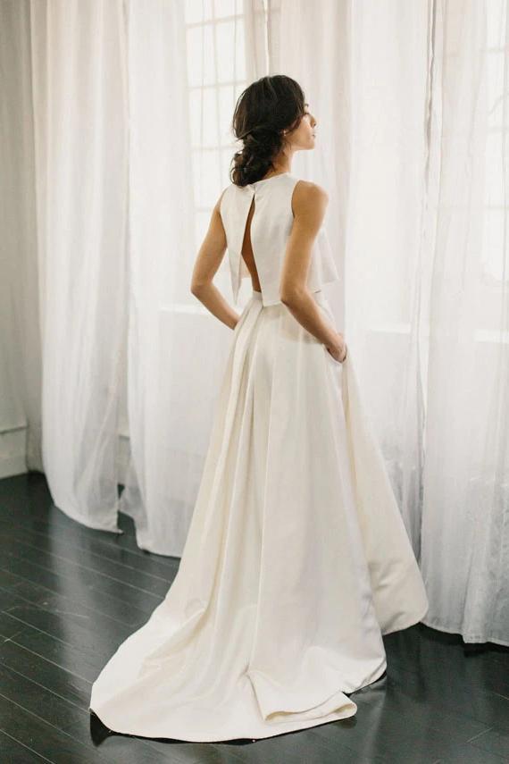 Cheap Two Pieces High Low Satin Wedding Dress, A Line Jewel Bridal Dresses UQ2593