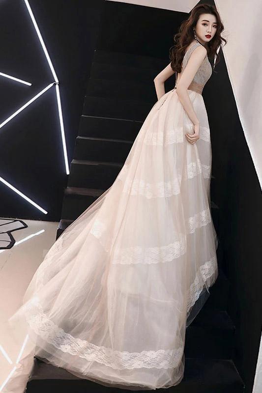 Unique V Neck Tulle Lace Long Prom Dress Tulle V Back Evening Dress with Train UQ2092