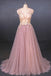Pink V Neck Sleeveless Tulle Prom Dress with Appliques, A Line Tulle Evening Dress N2338