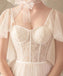Unique Tulle Lace Long Wedding Dress, Ivory Short Sleeves Lace Up Back Bridal Dresses UQ2585