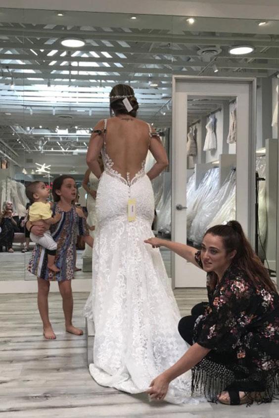 Spaghetti Straps Mermaid V Neck Backless Lace Wedding Dresses with Tra cherishgirls Spaghetti Straps Mermaid V Neck Backless Lace Wedding Dresses with Tra cherishgirls