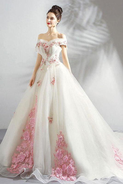 Unique Off the Shoulder Tulle Wedding Dress with Pink Flowers, Ball Gown Wedding Gown UQ2584
