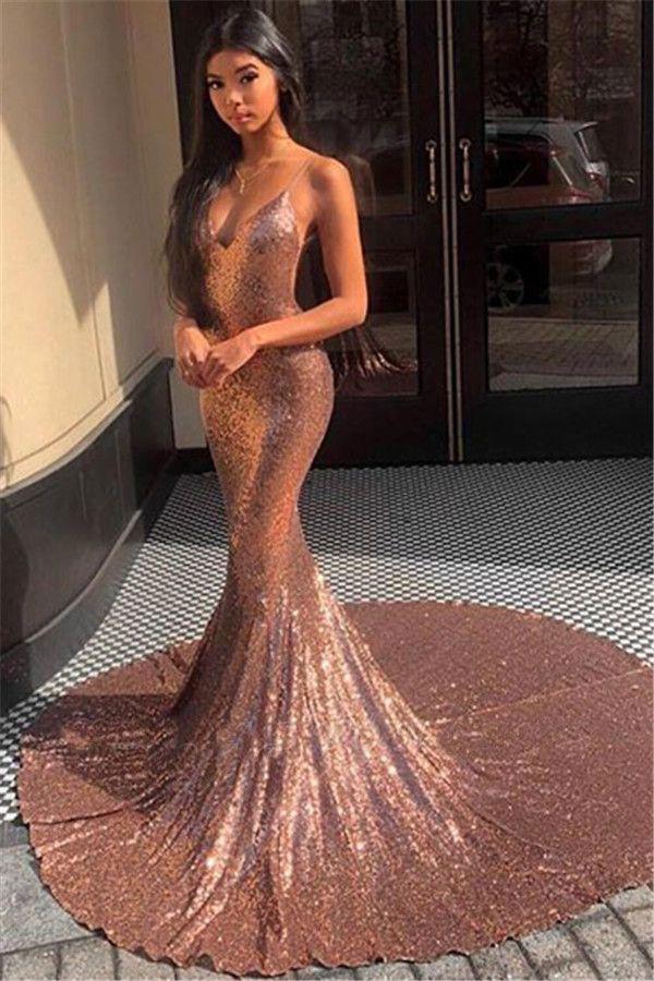 Spaghetti Straps V Neck Mermaid Court Train Sequins Prom Dress, Sexy Evening Dress N2603