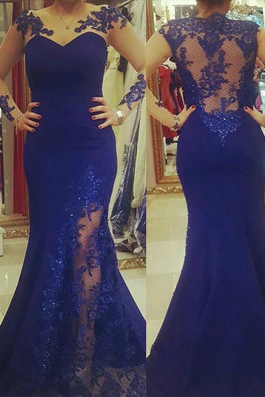 Royal Blue Plus Size Mermaid Prom Dress with Sheer Sleeves, Plus Size Dress with Lace N2218