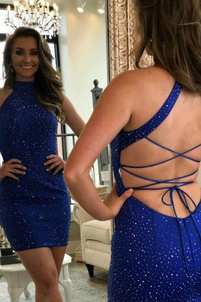 Royal Blue Sexy Sheath Short Formal Dresses, Sparkly High Neck Mini Homecoming Dress N1941
