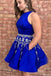 Royal Blue Simple Short Homecoming Dress with Beading, A Line Sleeveless Satin Prom Dress UQ2010