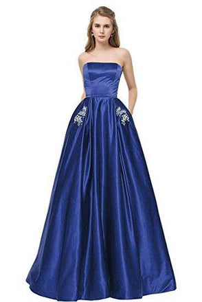 Royal Blue Strapless Bridesmaid Dress with Pockets, A Line Satin Prom Dress with Beads N1854