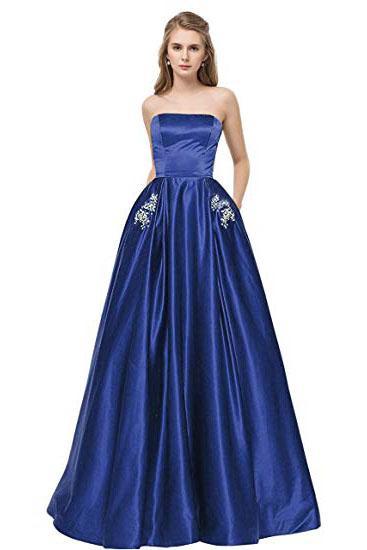 Royal Blue Strapless Bridesmaid Dress with Pockets, A Line Satin Prom –  cherishgirls