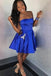 Royal Blue Strapless Satin Short Homecoming Dress with Beading, A Line Short Graduation Dresses N2051