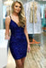 Royal Blue Seqquins V Neck Sheath Mini Party Dress, Spaghetti Straps Sequin Formal Dress N2111