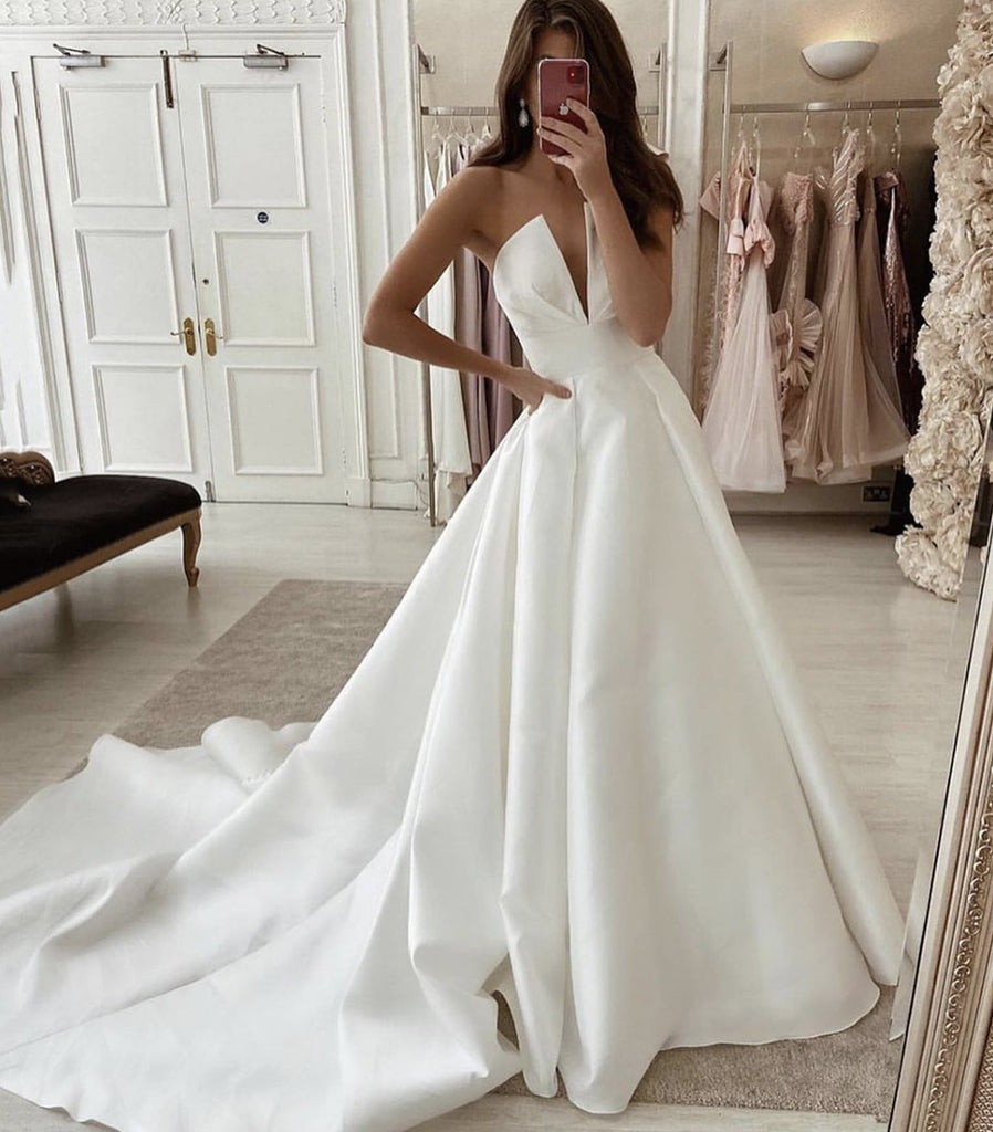 Simple Deep V Neck Strapless Satin Wedding Dress, A Line Brial Dress c cherishgirls Simple Deep V Neck Strapless Satin Wedding Dress, A Line Brial Dress c cherishgirls