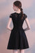 Black Cap Sleeves Satin Short Homecoming Dress with Lace, Cute Mini Cocktail Dresses UQ1961