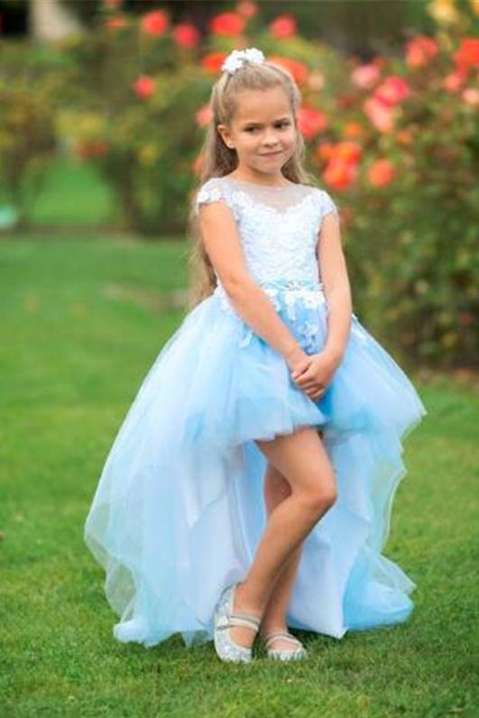 Light Sky Blue Cap Sleeves Flower Girl Dress with Lace Appliques, High Low Flower Girl Dress F059