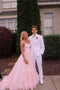 Pink Tulle Spaghetti Straps Sweet 16 Prom Dress, Floor Length Tulle Formal Dress UQ2089