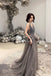 Dark Gray V Neck Sparkly Beading Prom Dress with Sequins, Long Tulle Prom Gown UQ1762