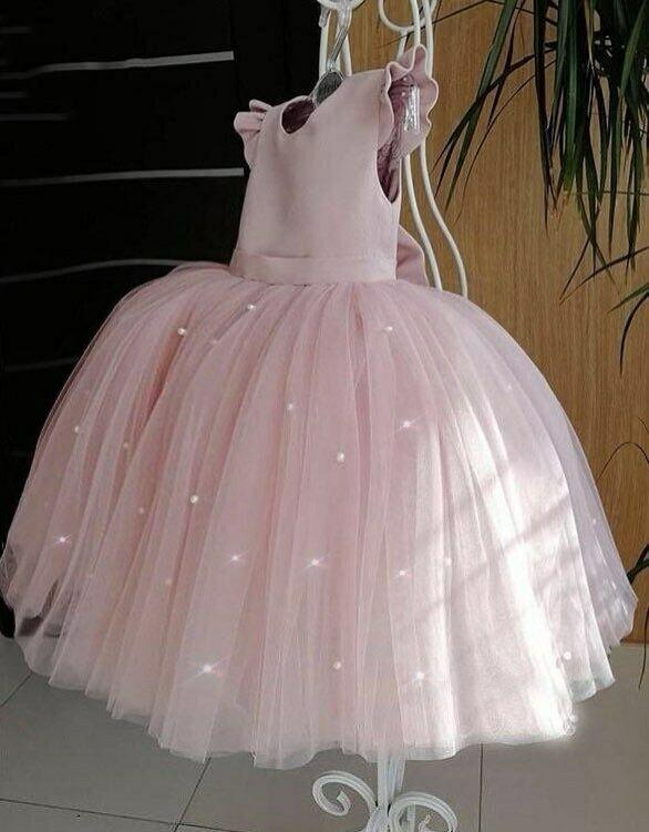 Pink Ball Gown Cap Sleeves Tulle Flower Girl Dress, Floor Length Children Dress UQF0002