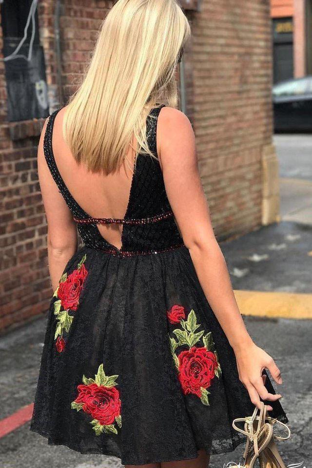 Black Deep V Neck Lace Junior Homecoming Dresses with Flowers, Sexy Lace Black Dress UQ1868