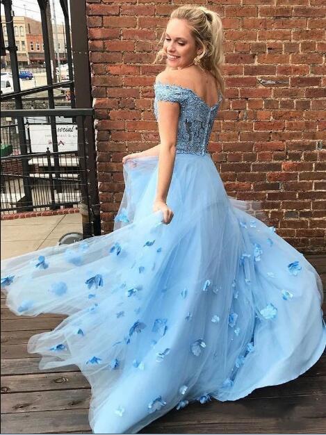 Two Piece Floor Length Tulle Prom Dress with Lace, Long Off the Shoulder Dress with Flower UQ2096