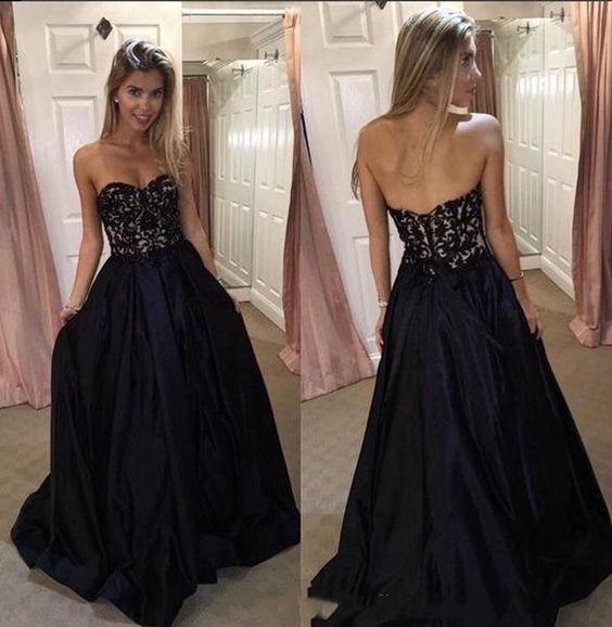 Black Sweetheart Prom Dress with Lace, A Line Strapless Long Graduation Dress UQ1726