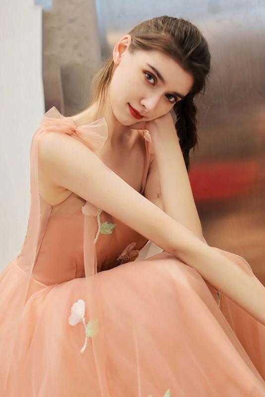 Tea Length Unique Graduation Dress with Appliques, A Line Tulle Homeco cherishgirls Tea Length Unique Graduation Dress with Appliques, A Line Tulle Homeco cherishgirls