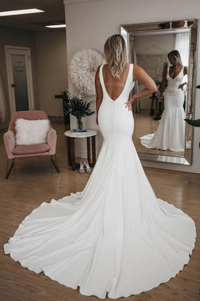 Simple V Neck Mermaid Wedding Dress with Long Train, Sexy Backless Beach Wedding Dress UQ1723