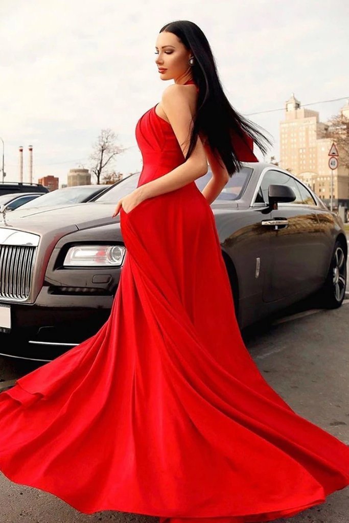 Stylish Red Halter Long Prom Dress, Floor Length Sleeveless Evening Dresses with Pockets UQ2619