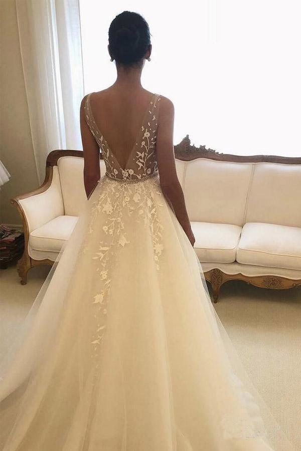 Romantic V Neck Beach Wedding Dress with Lace Appliques, A Line Bridal cherishgirls Romantic V Neck Beach Wedding Dress with Lace Appliques, A Line Bridal cherishgirls