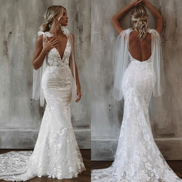 Backless Bohemian Mermaid Mermaid Beach Wedding Dress, Bridal Gown CHW0122