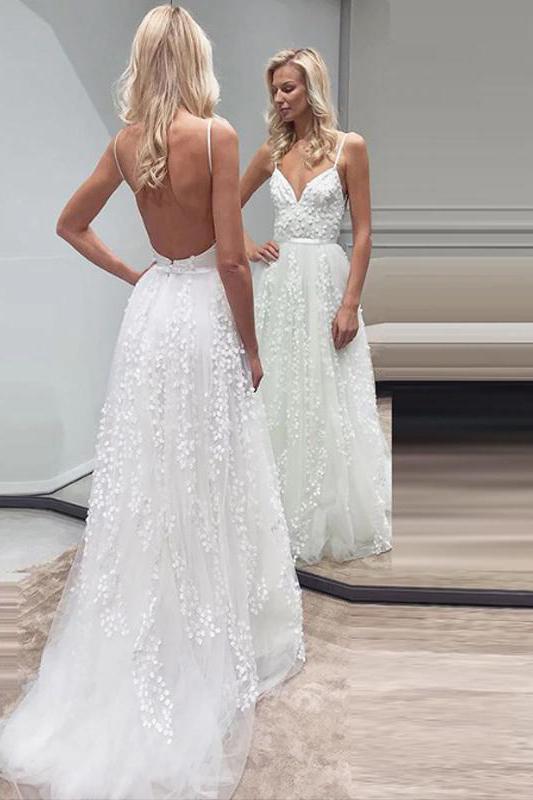 Boho Beach Wedding Dress with Lace Appliques, Spaghetti Strap Tulle Wedding Gown N1779