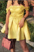 Sexy Off the Shoulder Satin Homecoming Dress, Cheap Short Graduation Dress with Applique UQ2060