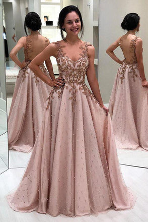 A Line Sheer Neck Long Prom Dress with Beads, Appliqued Long Evening Dress with Sheer Back UQ1815