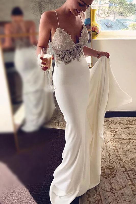 Sexy Spaghetti Straps Mermaid Wedding Dresses, Long Beach Wedding Dress  with Lace UQ1789 – cherishgirls