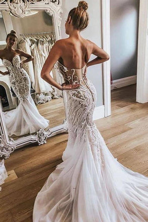 Gorgeous Strapless Tulle Mermaid Wedding Dresses, Long Bridal Dress with Appliques N1791