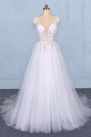 Sexy V Neck Tulle Wedding Dress with Lace Appliques, A Line Backless Bridal Dress N2287