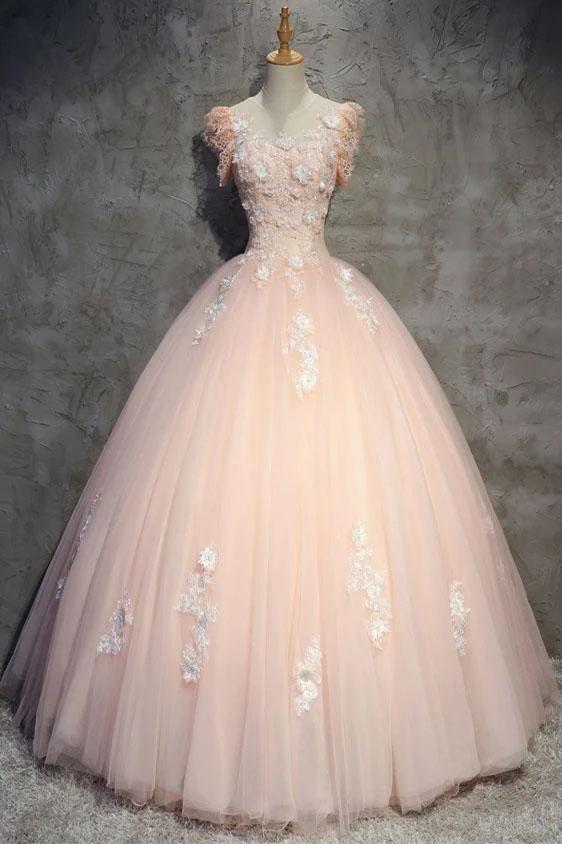 Light Peach Tulle Long Prom Dress with Flowers, Princess Ball Gown Sheer Neck Party Dress N2202