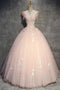 Light Peach Tulle Long Prom Dress with Flowers, Princess Ball Gown Sheer Neck Party Dress UQ2202