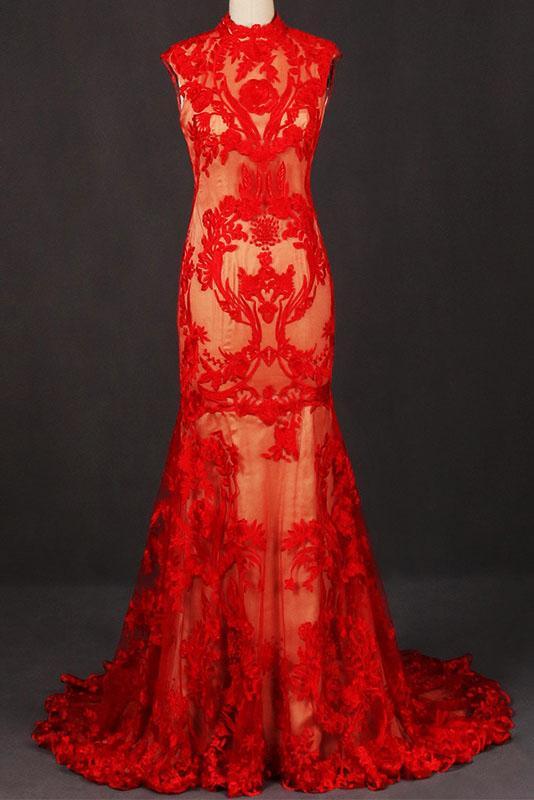 Red Sleeveless High Neck Sleeveless Evening Dress Lace Tulle Prom Dresses N2331