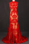 Red Sleeveless High Neck Sleeveless Evening Dress Lace Tulle Prom Dresses UQ2331