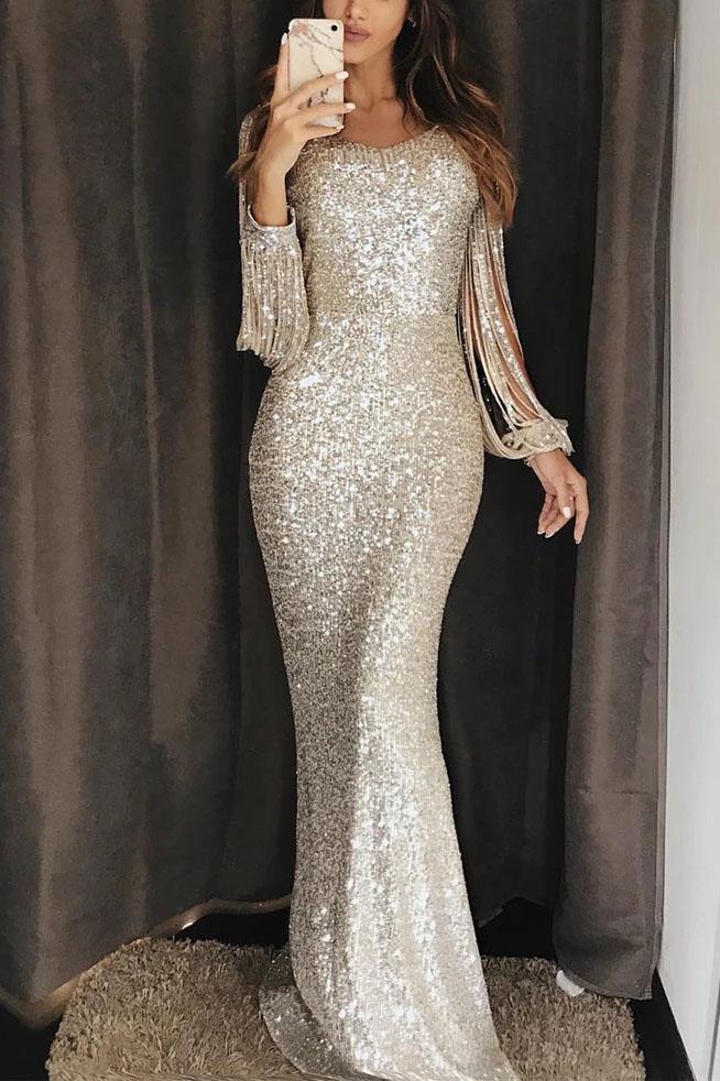 Unique Mermaid Evening Dress with Tassel Sleeve, Sequin Maxi Prom Dres cherishgirls Unique Mermaid Evening Dress with Tassel Sleeve, Sequin Maxi Prom Dres cherishgirls