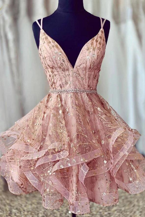 Unique Sparkly V Neck Mini Homecoming Dresses, Puffy Short Prom Dress –  cherishgirls