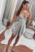 Silver Gray Spaghetti Strap V Neck Lace Homecoming Dresses, Mini Graduation Dresses UQ2180