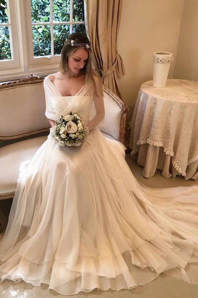 Simple Elegant Chiffon Beach Wedding Dresses with Wrap Sleeves, Unique Bridal Dress UQ1769